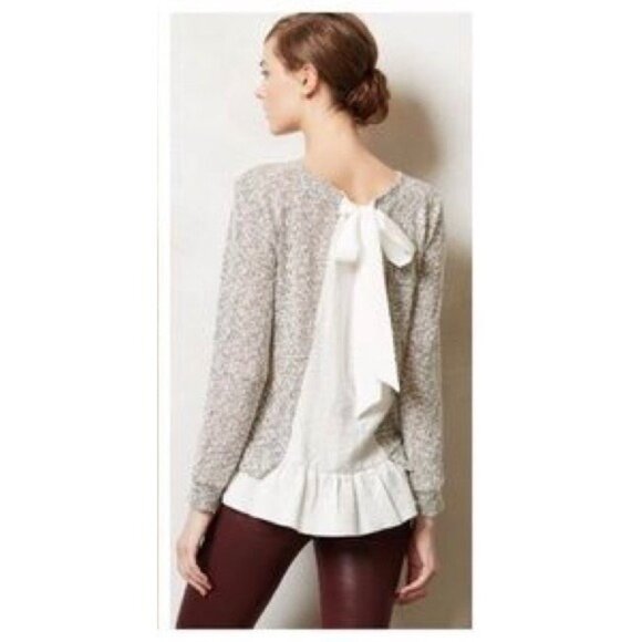 Anthropologie X Clu Willoughby Shimmer Knit Ruffle Hem Bow Back L/S Top - Picture 16 of 16